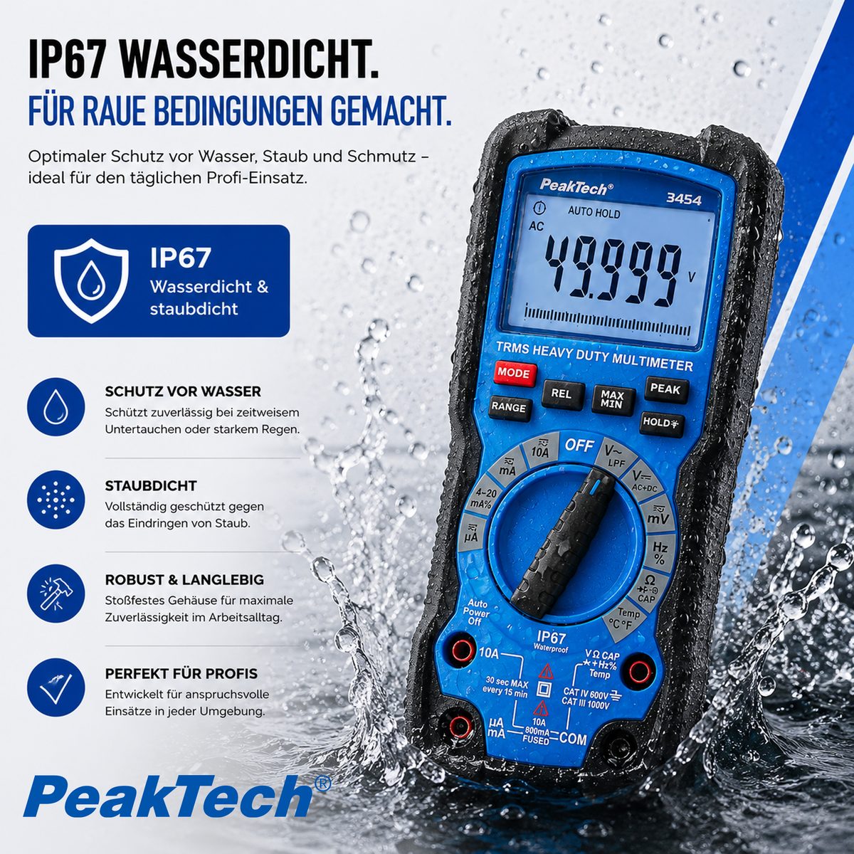 Izturīgs multimetrs, 50 000 vienību indikācija, LCD, 1000 V AC/DC, True RMS, IP67, P 3454