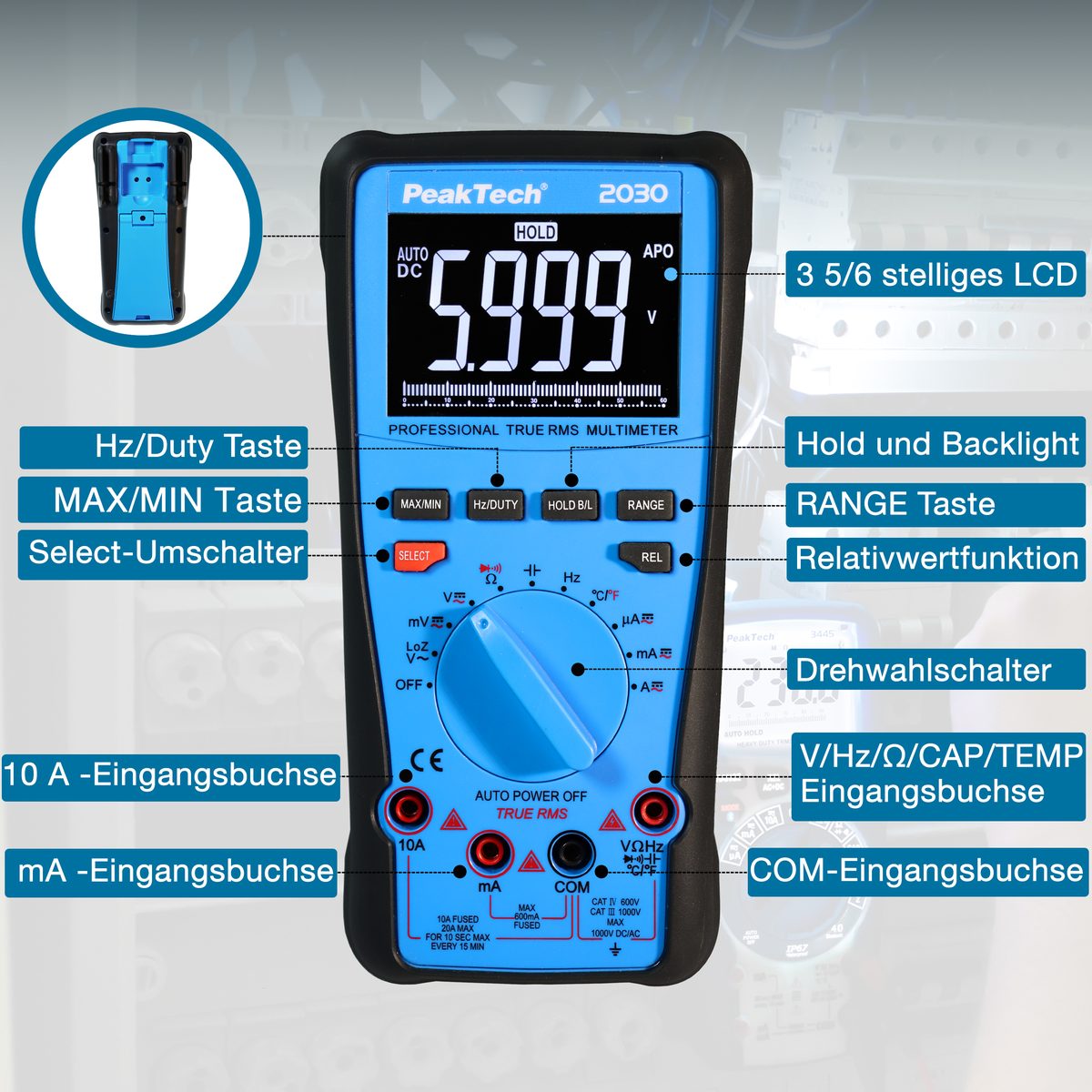 True RMS digitāls multimetrs, 1000 V, 6000 vienību indikācija, P 2030
