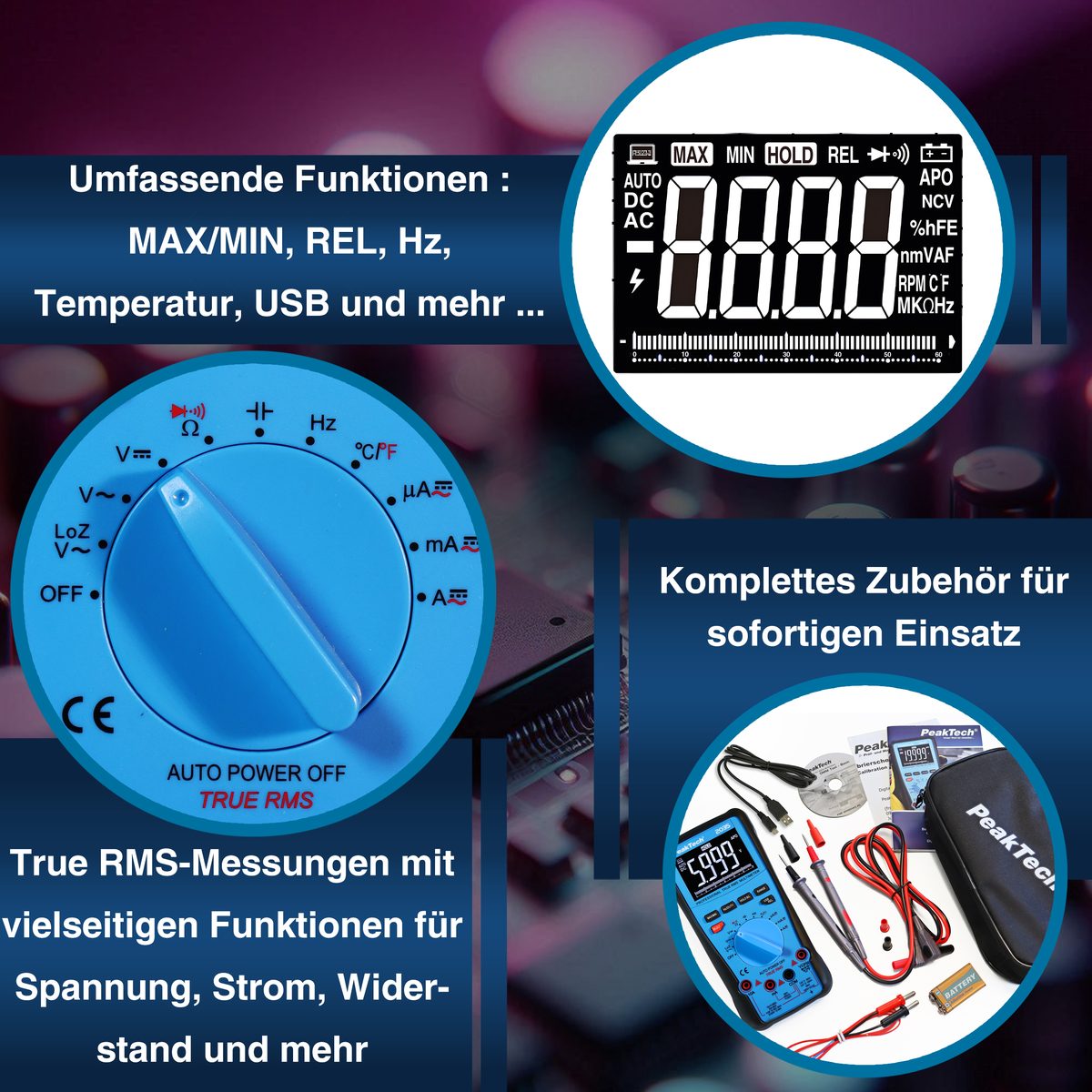 Цифровой мультиметр True RMS, 1000 В, 6000 отсчётов, USB, P 2035