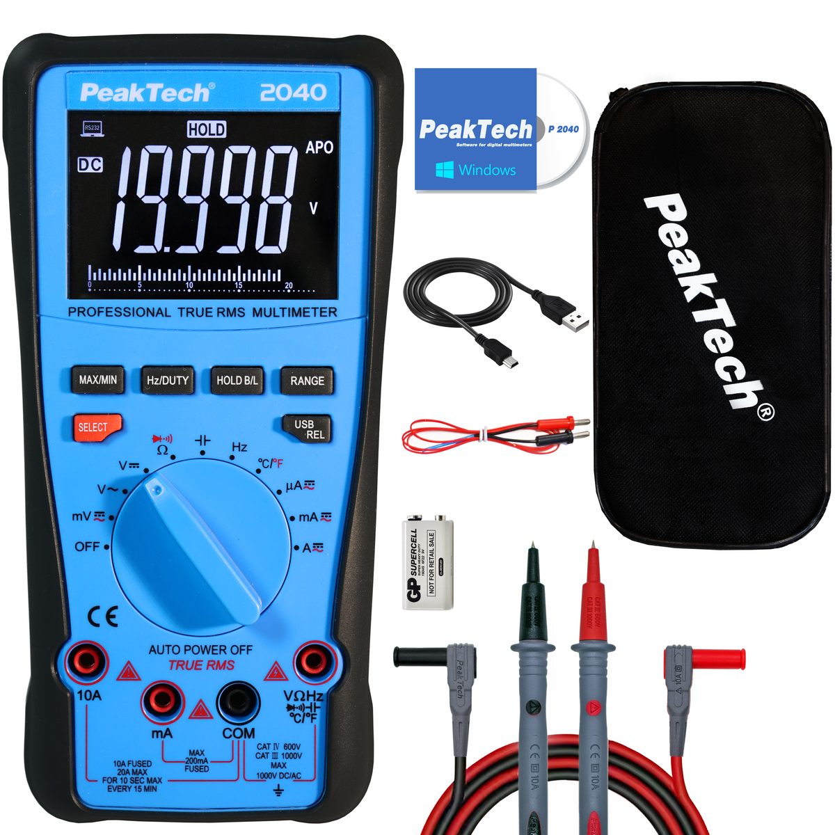 True RMS digitāls multimetrs, 1000 V, 20000 vienību indikācija, USB, P 2040