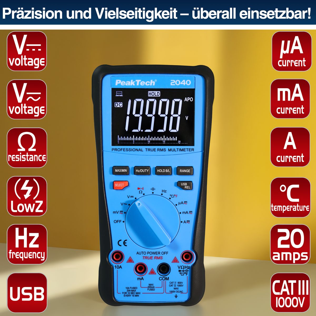 True RMS digitāls multimetrs, 1000 V, 20000 vienību indikācija, USB, P 2040