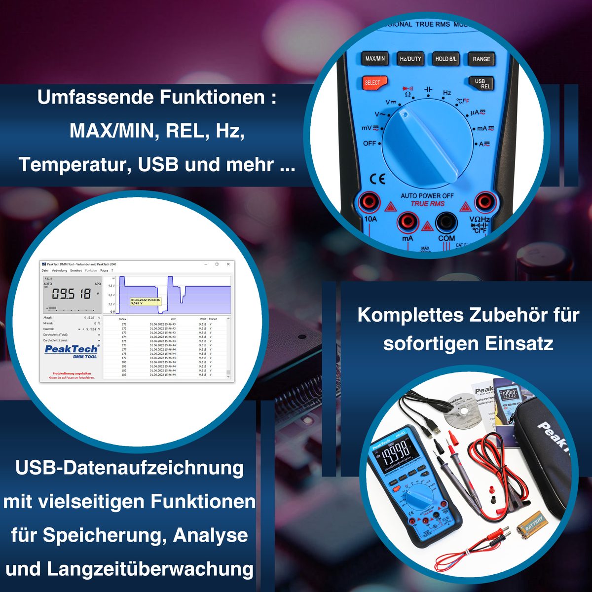 True RMS digitāls multimetrs, 1000 V, 20000 vienību indikācija, USB, P 2040