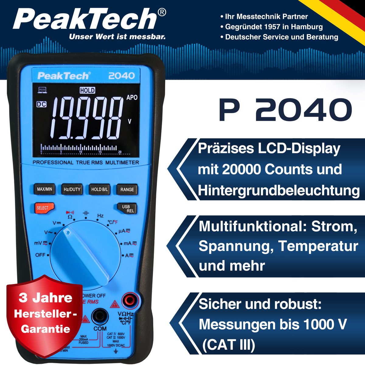True RMS digitāls multimetrs, 1000 V, 20000 vienību indikācija, USB, P 2040