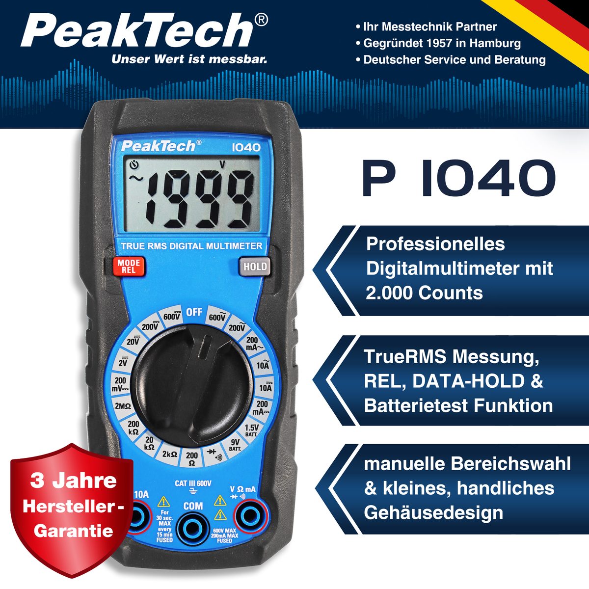 True RMS digital multimeter, 2000 counts, manual range, P 1040
