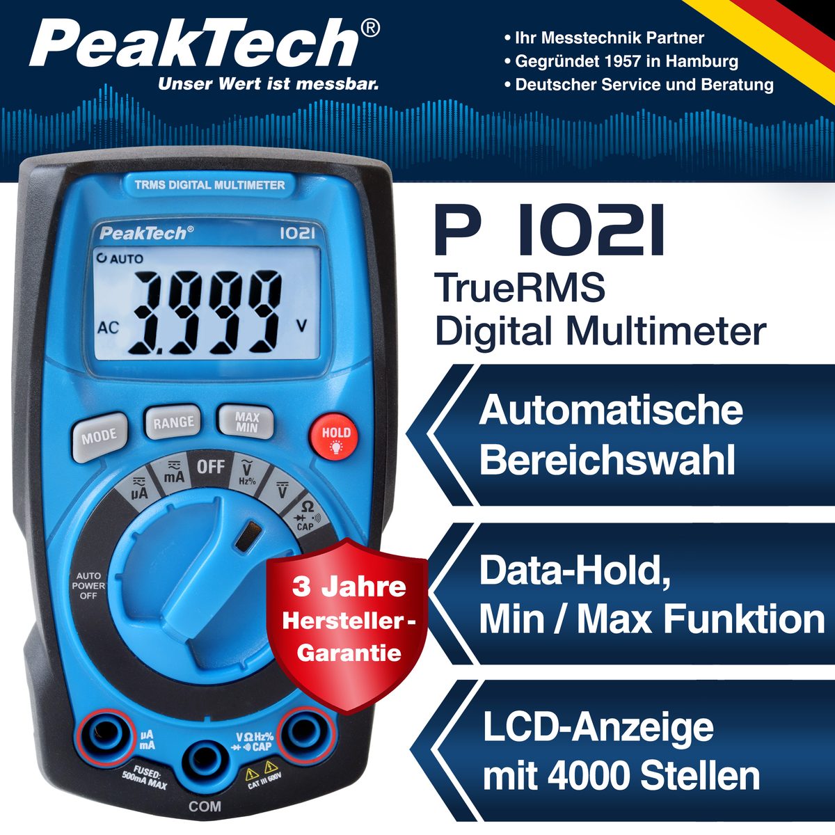 True RMS digital multimeter, 4000 counts, automatic range, P 1021
