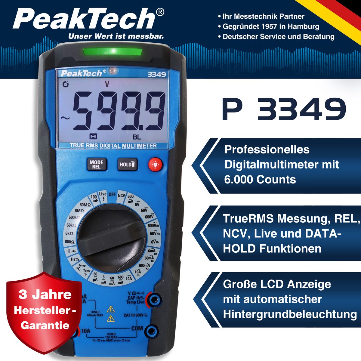 True RMS digital multimeter, 6000 counts, manual range, P 3349