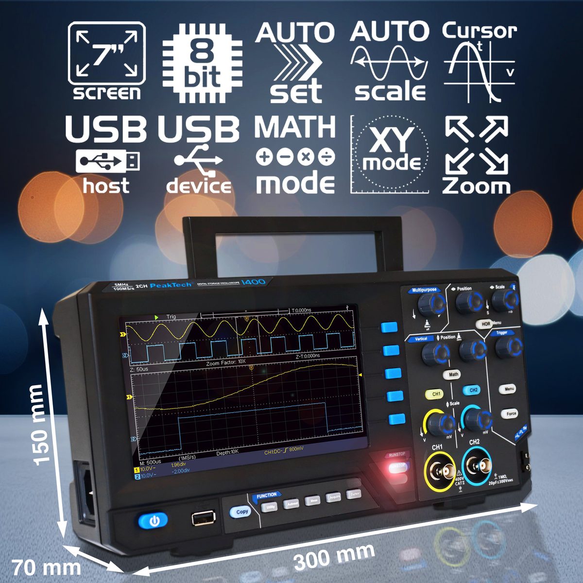Digital storage oscilloscope, 100 MHz, 2 channels, 1 GS/s, P 1404