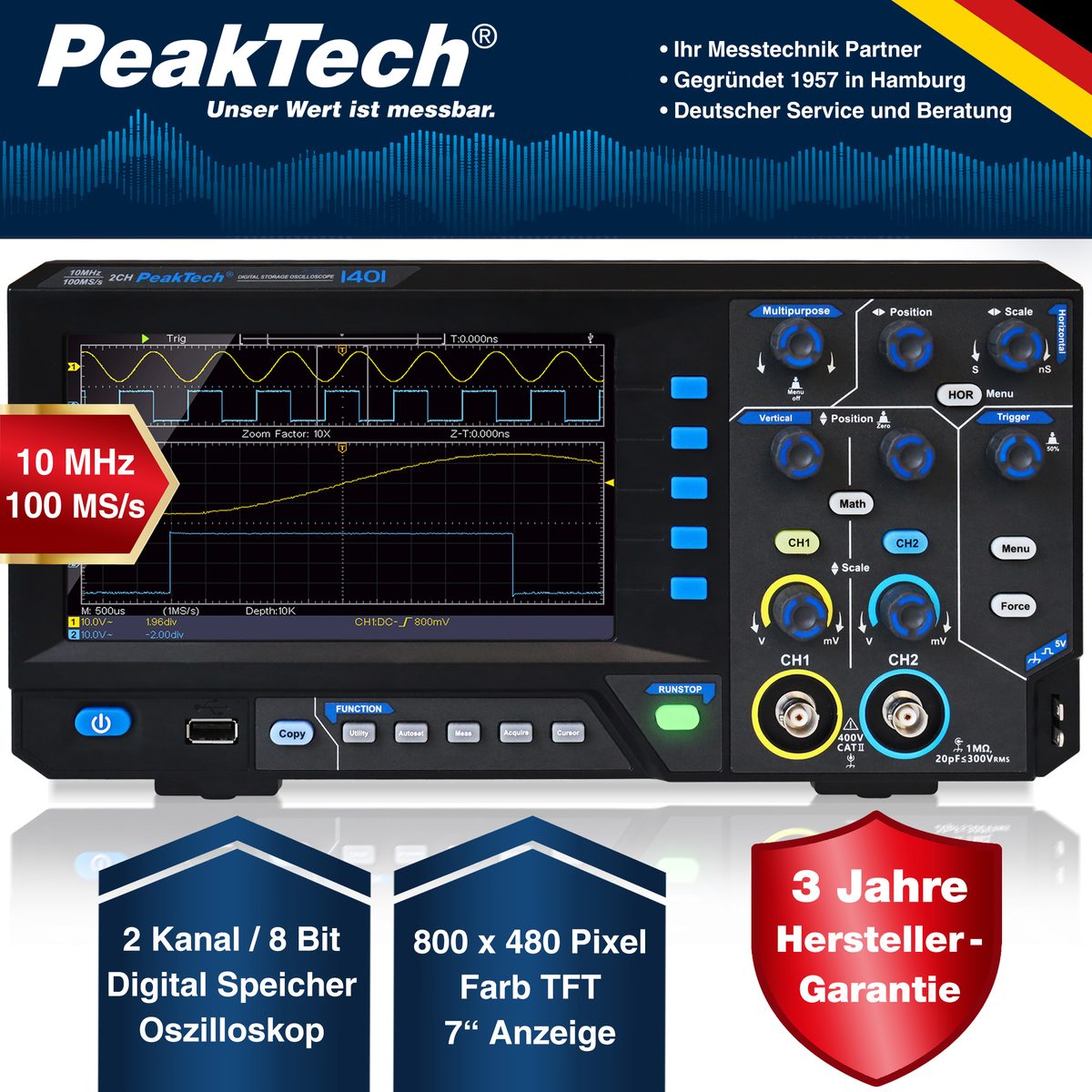 Digital storage oscilloscope, 10 MHz, 2 channels, 100 MS/s, P 1401