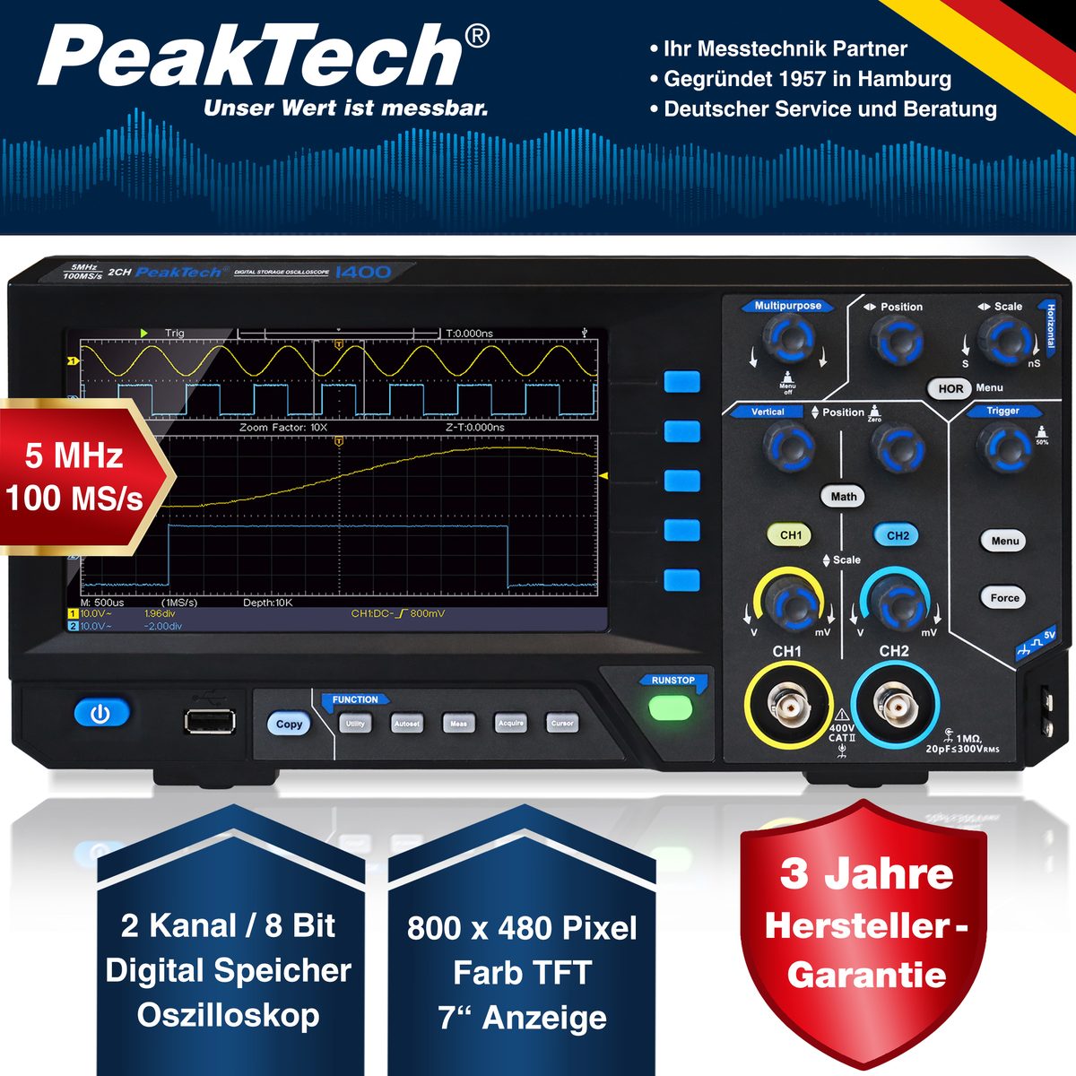 Digital storage oscilloscope, 5 MHz, 2 channels, 100 MS/s, P 1400