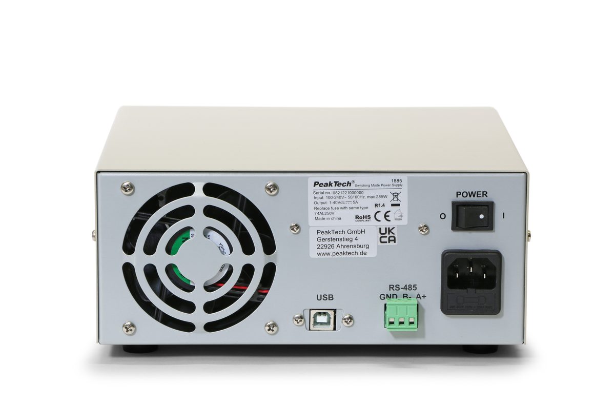 Laboratorijas līdzstrāvas barošanas avots, 1–40 V, 0–5 A, USB, P 1885