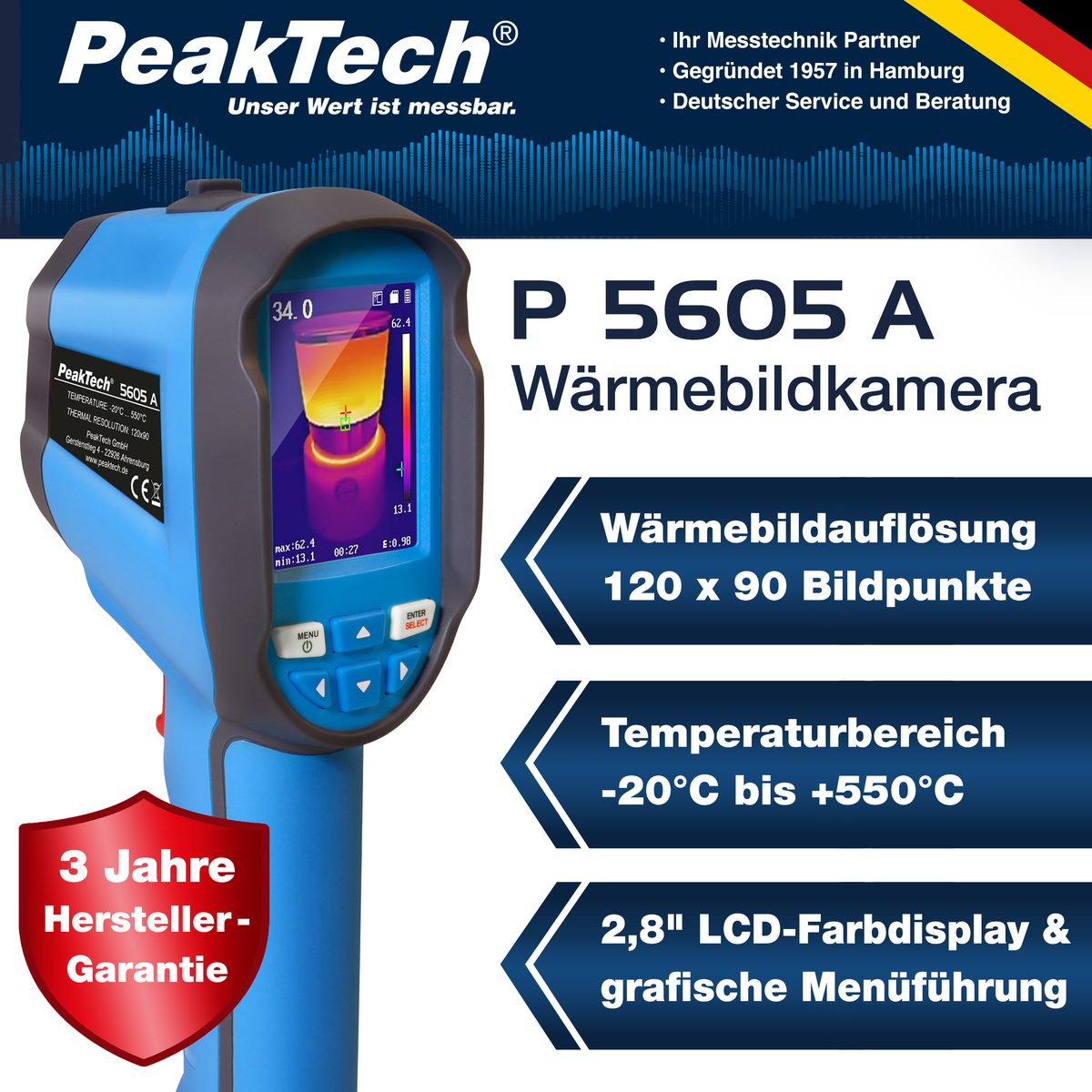 Thermal imaging camera, 120 × 90 pixels, −20…+550 °C, photo and video, P 5605 A