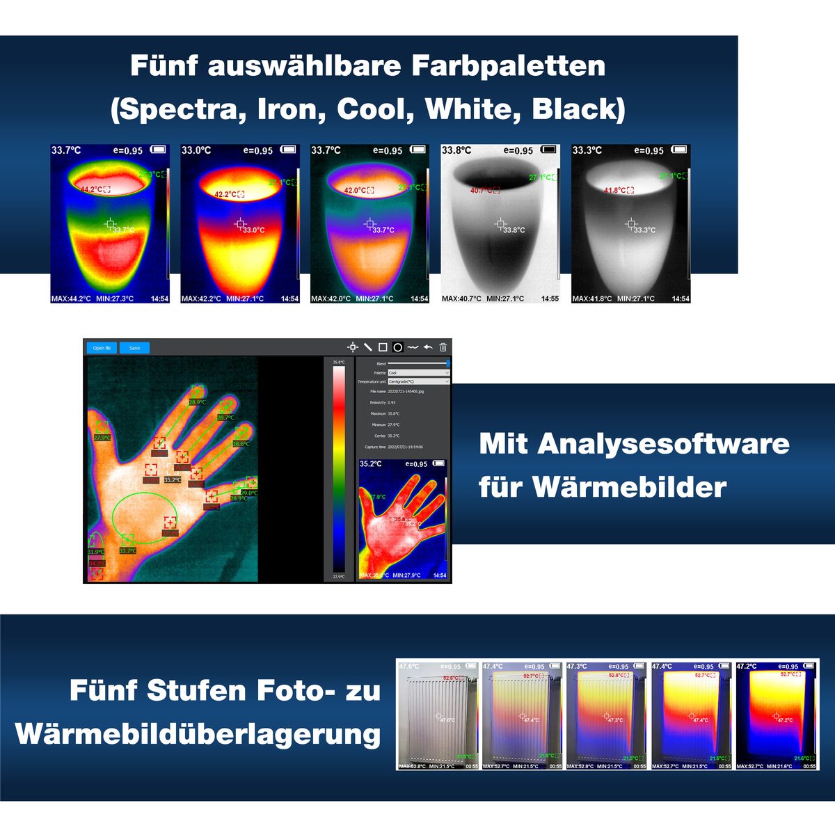 Thermal imaging camera, 120 × 90 pixels, −20…+550 °C, photo and video, P 5605 A