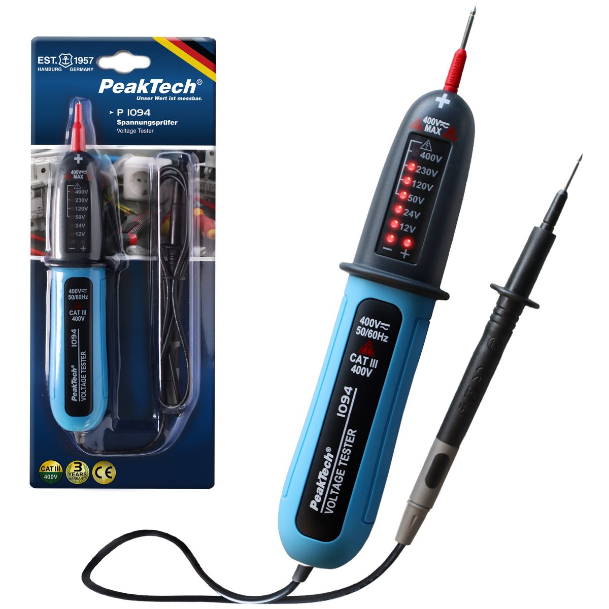 Divpolu sprieguma testeris, 12–400 V AC/DC, LED indikācija, P 1094