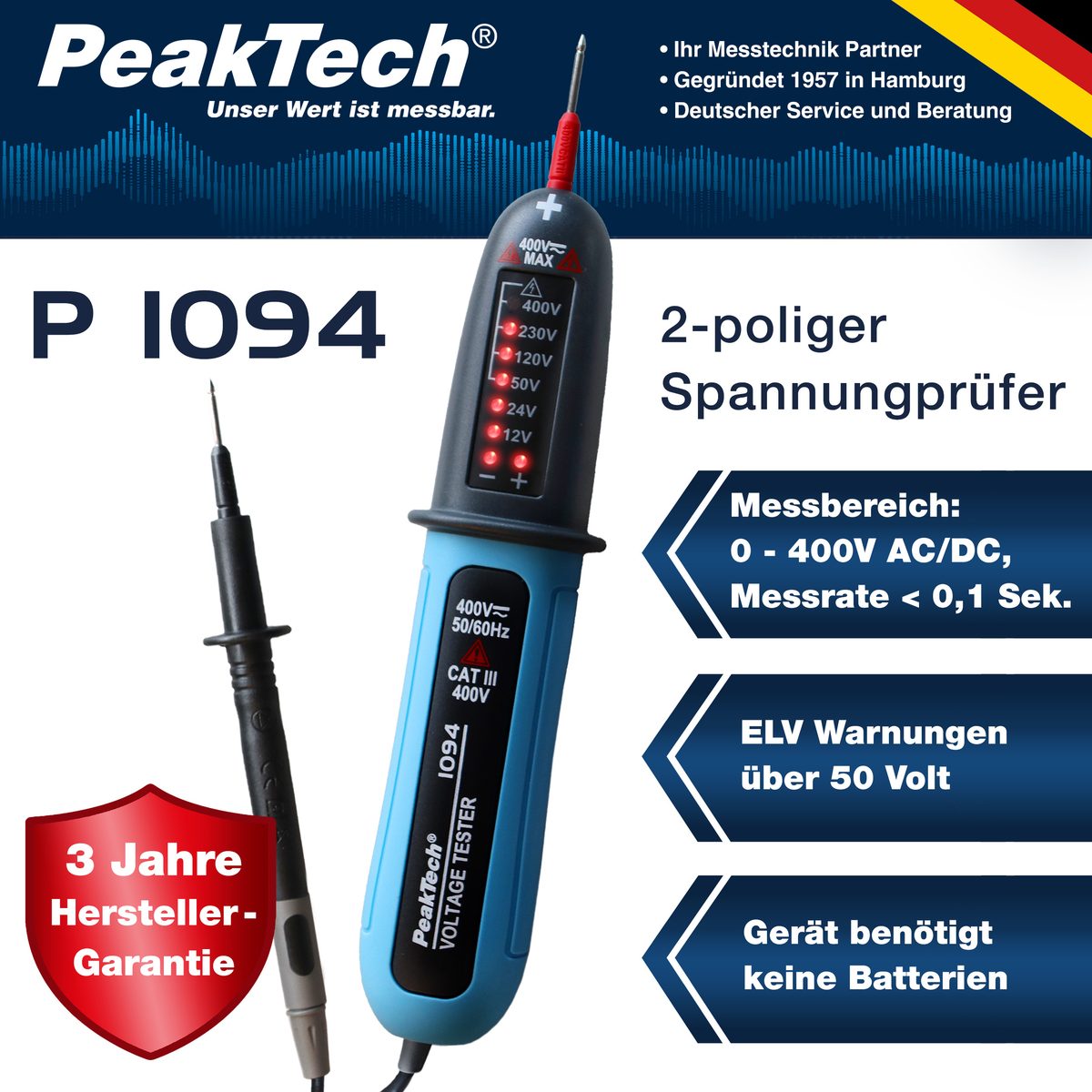 Divpolu sprieguma testeris, 12–400 V AC/DC, LED indikācija, P 1094