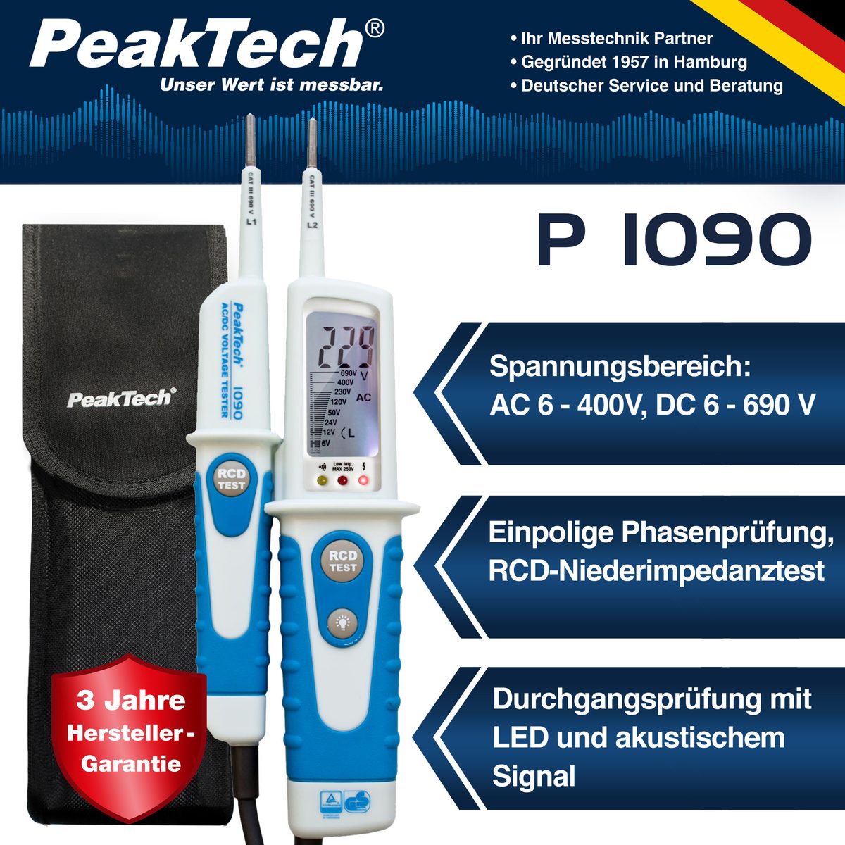 Maiņsprieguma un līdzsprieguma testeris, RCD pārbaude, LCD, P 1090