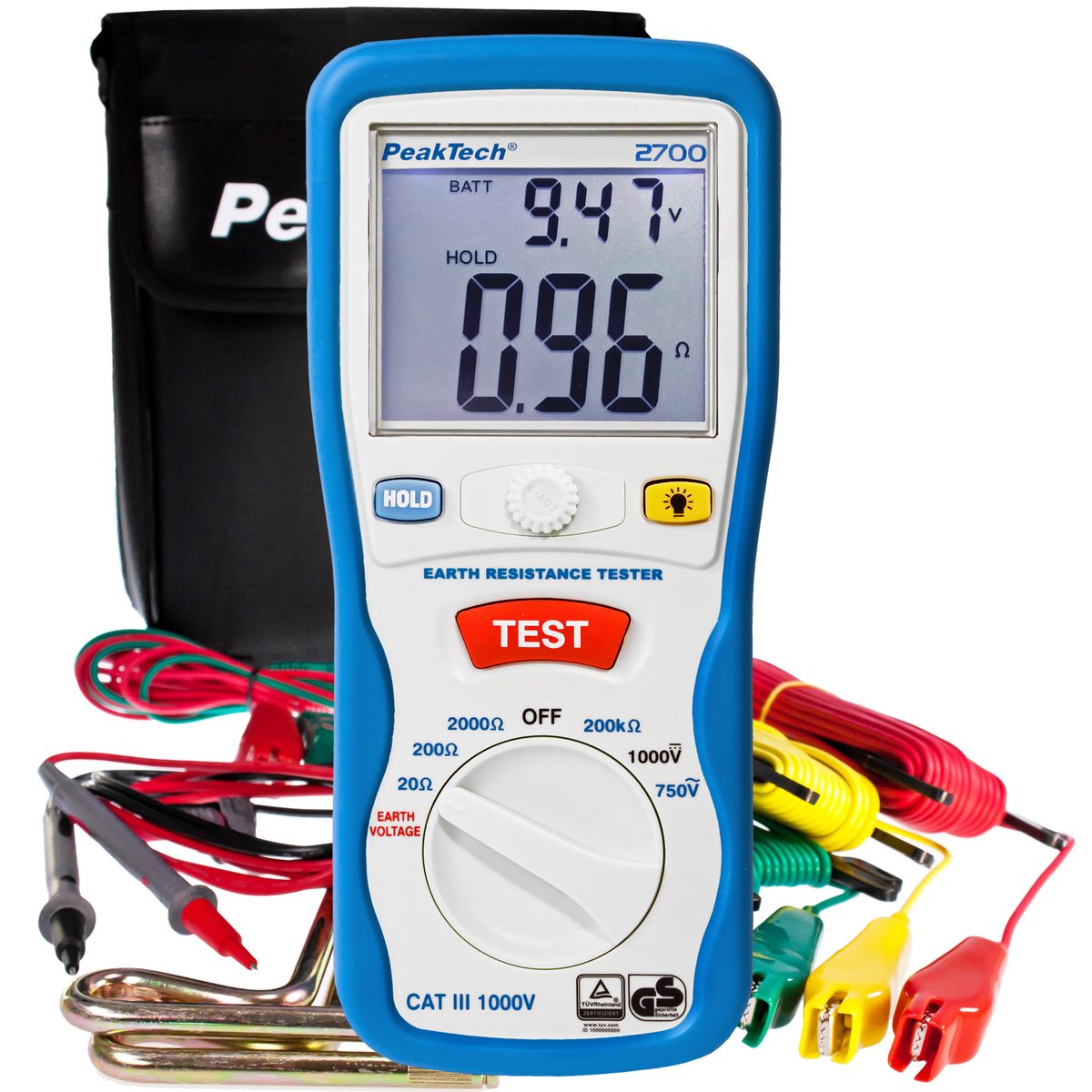 Digitālais zemējuma pretestības testeris, 0–2000 Ω, CAT III 1000 V, P 2700