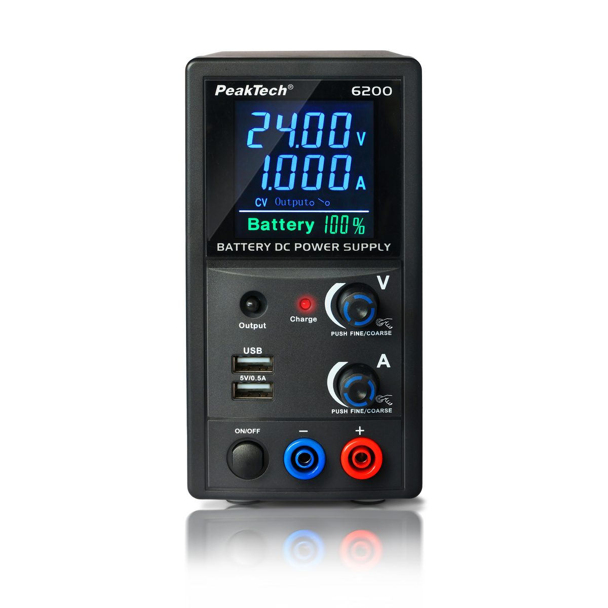 Ar akumulatoru darbināms laboratorijas barošanas bloks, 0…24 V/0…1 A DC, P 6200