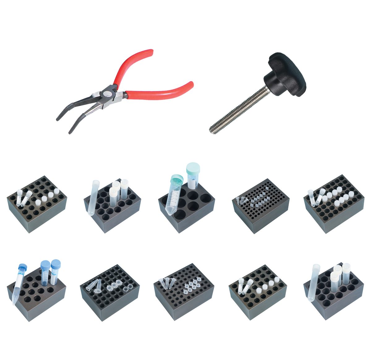Dry bath (incubator) blocks, extraction tool and tongs